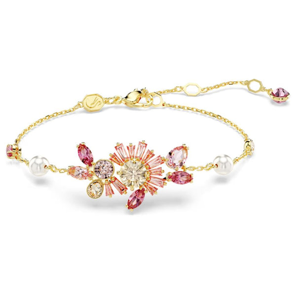 Swarovski Gema Bracelet - Crystal Pearl, Mixed cuts, Flower, Pink, Gold-tone plated