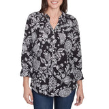 Ruby Rd. Womens Monotone Floral V-Neck 3/4 Sleeve Top