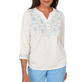 Ruby Rd. Womens Medallion Embroidered Ruched Henley Top