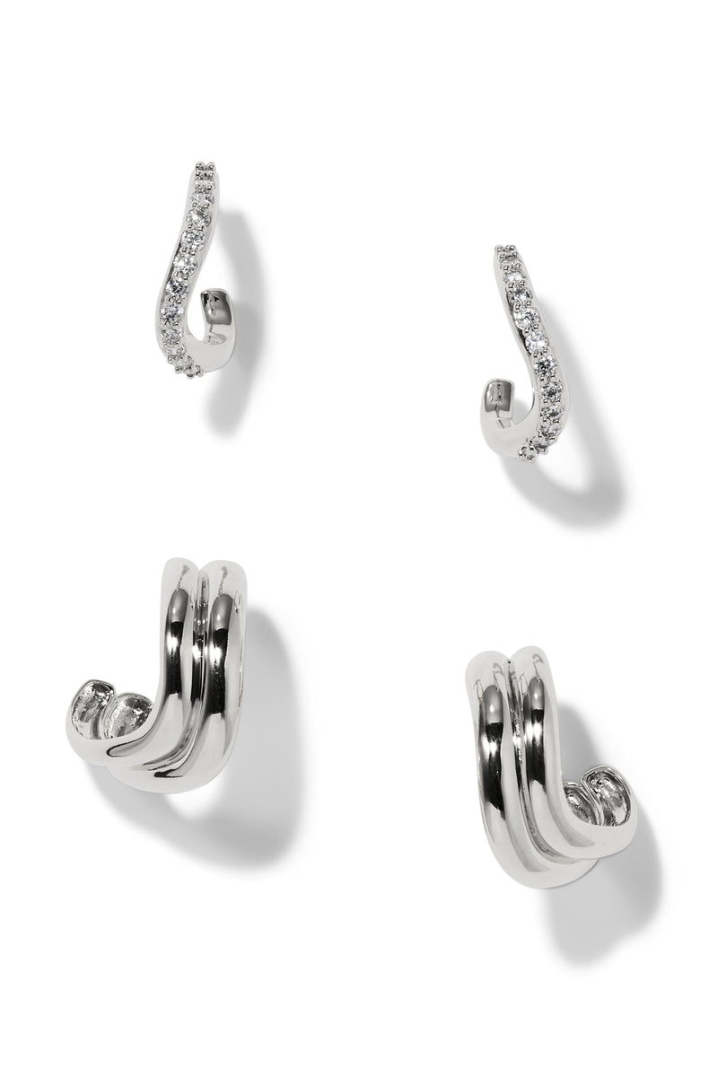 Nadri Rhodium-Plated Wavy Hoop Earrings - Set Of 2