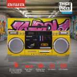aiwa Retro Boombox CD Player with Cassette Recording, Bluetooth 5.0 Dual 40W Speakers