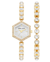 Anne Klein Womens Hexagon Gold Watch & Bracelet Set
