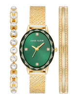 Anne Klein Womens Gold-Tone Green Oval Dial Watch & Bracelet Set - 3-Piece