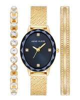 Anne Klein Womens Gold-Tone Navy Oval Dial Watch & Bracelet Set - 3-Piece