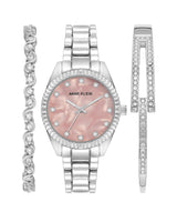 Anne Klein Womens Silver-Tone Pink Dial Watch & Bracelet Set - 3-Piece