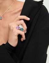 UNOde50 Presagio Silver-Tone 3 Multicolor Crystal Ring - Size 7.5