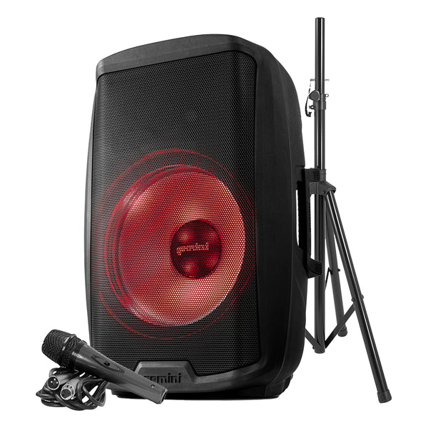 Gemini AS-2115BT-LT-PK 2000 Watt 15” Active Multi-LED Bluetooth Loudspeaker with Wired Microphone and Speaker Stand