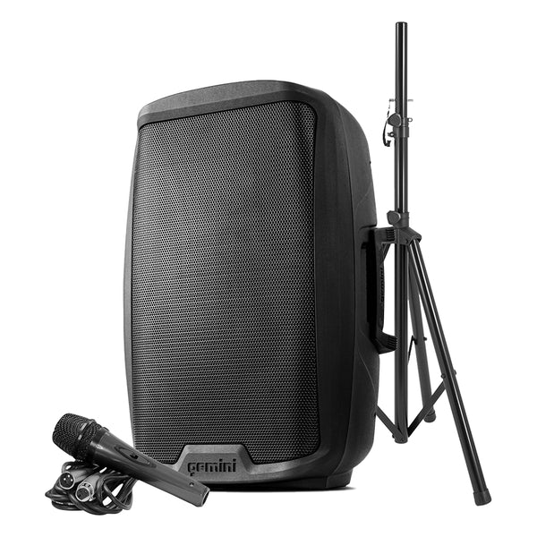 Gemini AS-2115BT-PK 2000 Watt 15” Active Bluetooth Loudspeaker with Wired Microphone and Speaker Stand