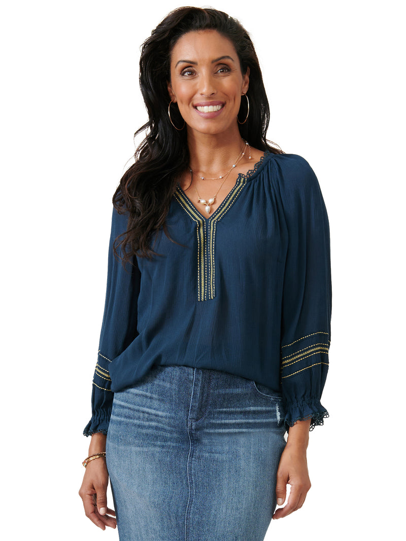 Democracy Womens Embroidered 3/4 Sleeve Woven Top