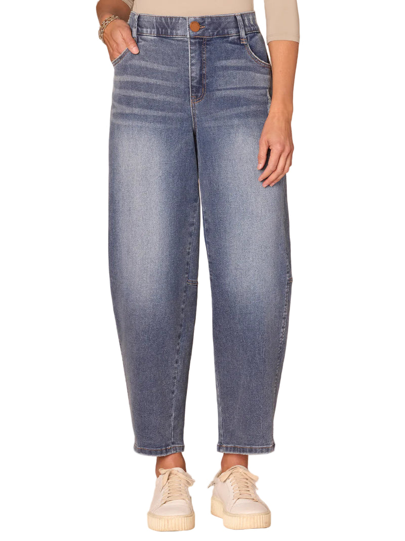 Democracy Womens "Ab"solution Skyrise Relaxed Barrel Leg Jeans With Uneven Yoke
