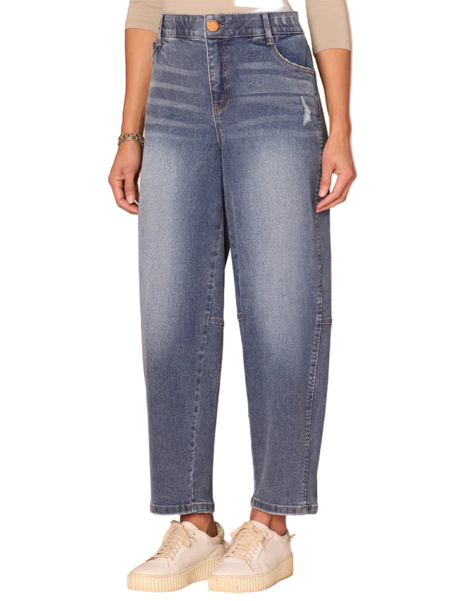 Democracy Womens "Ab"solution Skyrise Relaxed Barrel Leg Jeans With Uneven Yoke