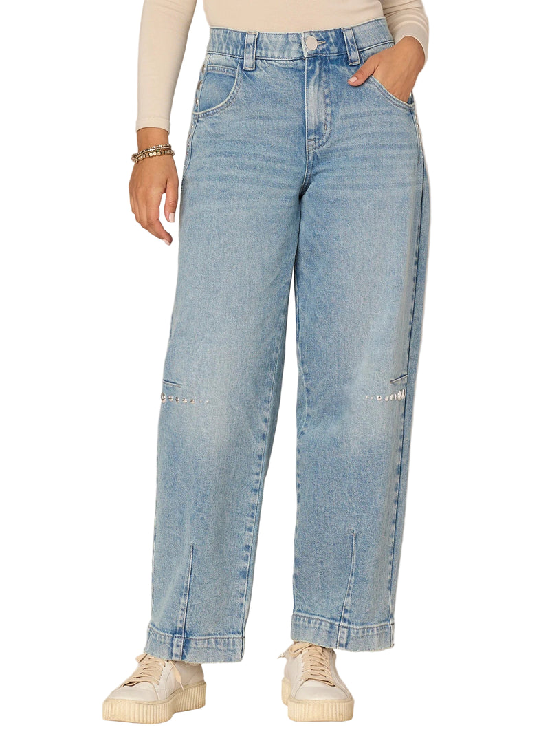 Democracy Womens "Ab"solution Skyrise Relaxed Barrel Leg Jean With Studs