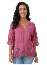 Democracy Womens 3/4 Sleeve V Notch Neck Crochet Woven Top