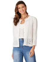 Democracy Womens 3/4 Ruffle Sleeve Round Neck Peplum Eyelet Woven Top