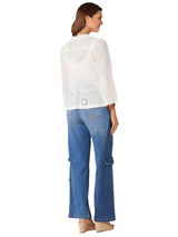 Democracy Womens 3/4 Ruffle Sleeve Round Neck Peplum Eyelet Woven Top