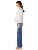 Democracy Womens 3/4 Ruffle Sleeve Round Neck Peplum Eyelet Woven Top