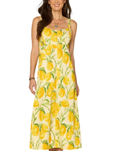 Democracy Womens V-Neck Smocked Midi Lemon Printed Woven Tank Dress with Pockets