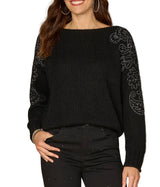 Democracy Womens Long Sleeve Boat Neck Embroidered Shoulder Pull Over Sweater