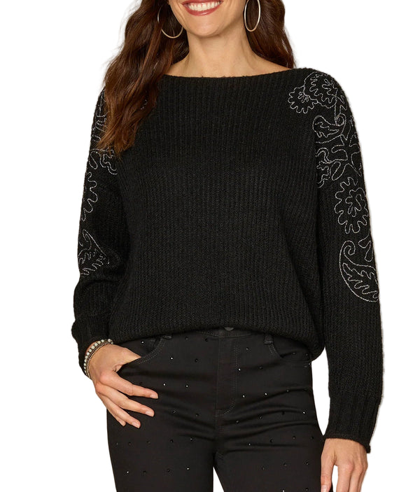 Democracy Womens Long Sleeve Boat Neck Embroidered Shoulder Pull Over Sweater