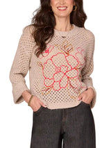 Democracy Womens Round Neck Floral Embroidered Long Sleeve Sweater
