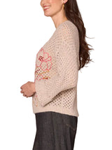 Democracy Womens Round Neck Floral Embroidered Long Sleeve Sweater