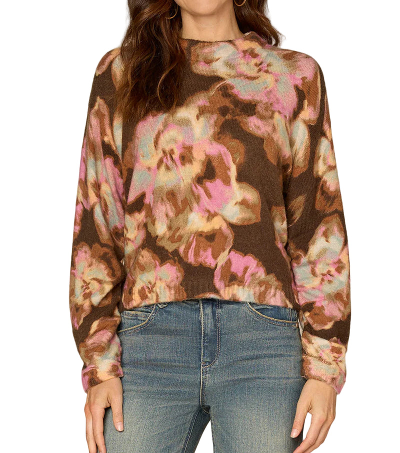 Democracy Womens Long Ruched Sleeve Round Mock Neck Abstract Floral Print Sweater