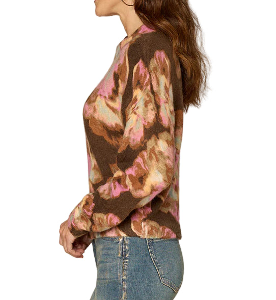Democracy Womens Long Ruched Sleeve Round Mock Neck Abstract Floral Print Sweater