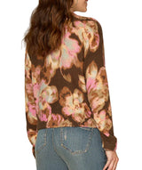 Democracy Womens Long Ruched Sleeve Round Mock Neck Abstract Floral Print Sweater