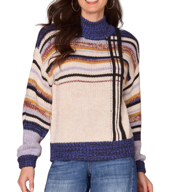 Democracy Womens Long Sleeve Mock Neck Placement Stripe Sweater