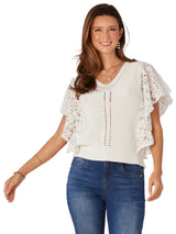 Democracy Womens Short Flutter Sleeve V-Neck Lace Mix Media Top