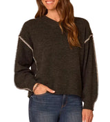 Democracy Womens Long Dolman Blouson Sleeve V-Neck Blanket Stitch Embroidered Sweater