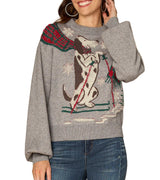 Democracy Womens Long Sleeve High Round Neck Placement Skiing Dog Jacquard Sweater