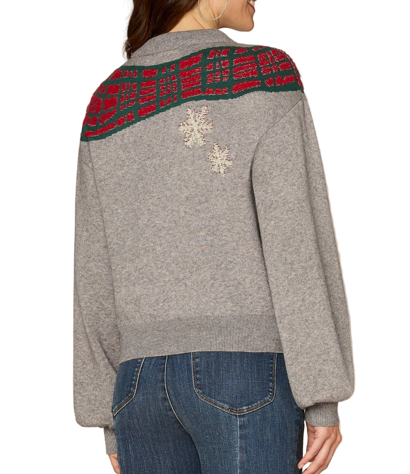 Democracy Womens Long Sleeve High Round Neck Placement Skiing Dog Jacquard Sweater