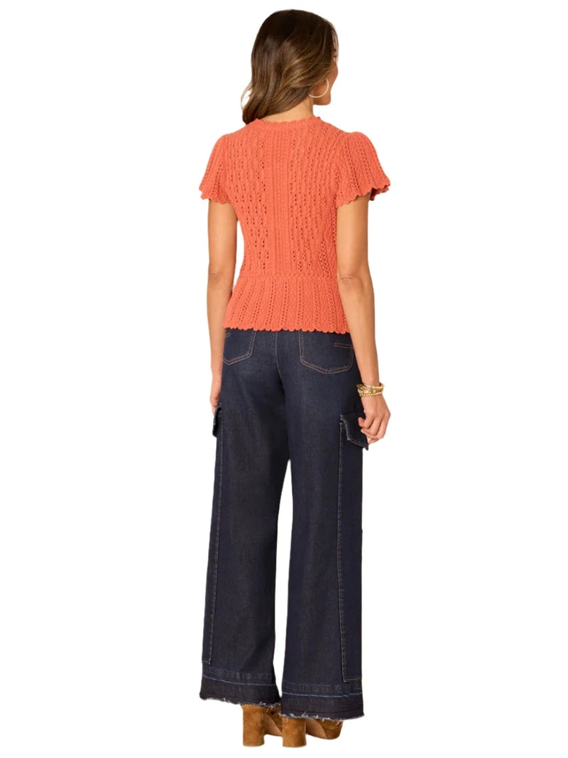 Democracy Womens Short Flounce Sleeve Round Neck Peplum