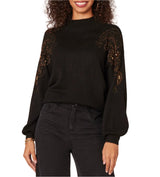 Democracy Womens Blouson Sleeve Mock Neck Rhinestone Embroidered Sweater