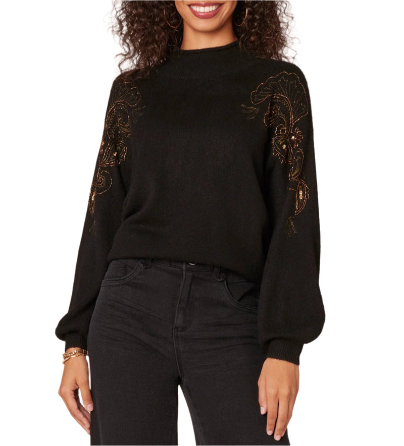 Democracy Womens Blouson Sleeve Mock Neck Rhinestone Embroidered Sweater