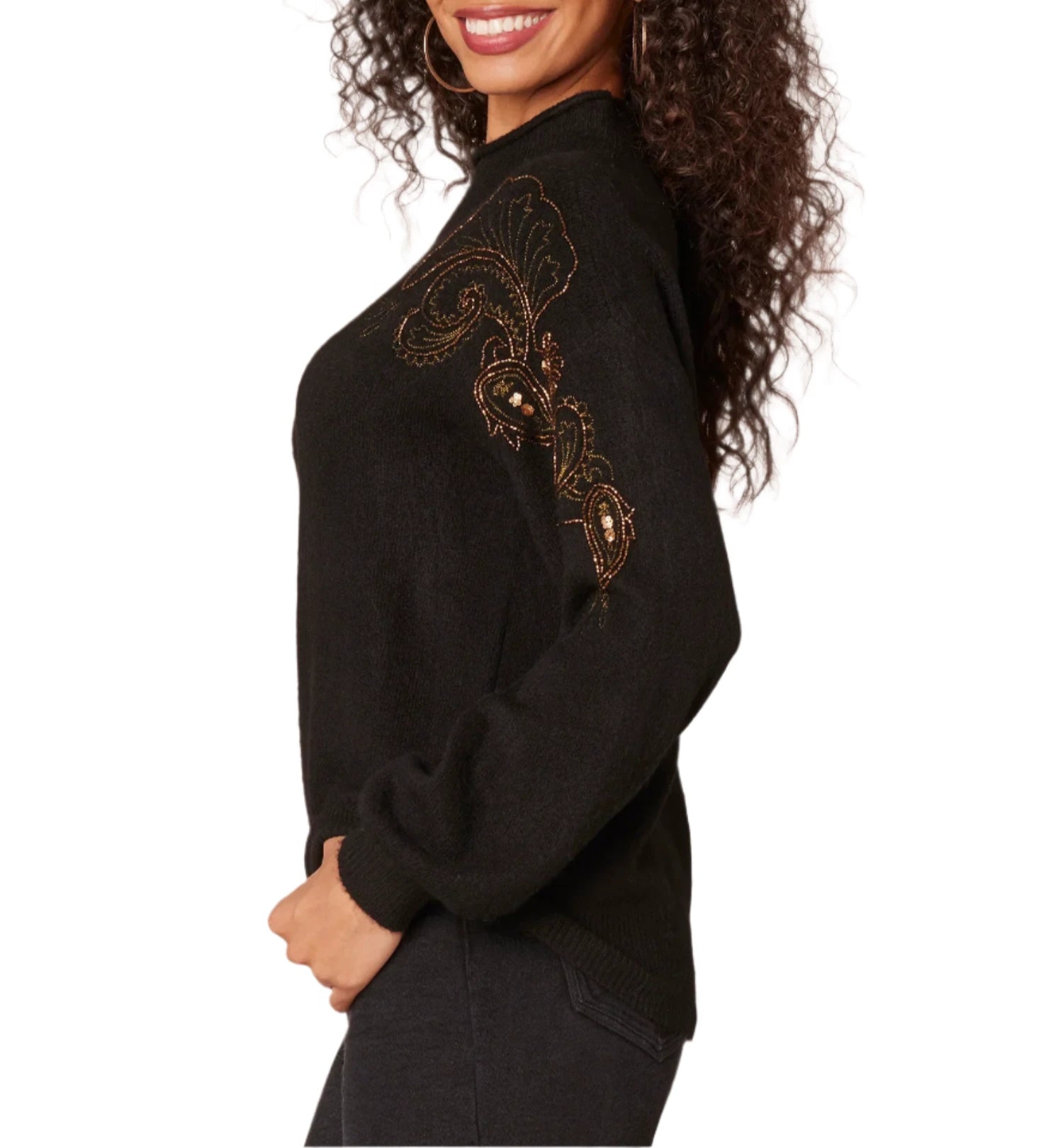 Democracy Womens Blouson Sleeve Mock Neck Rhinestone Embroidered Sweater