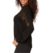 Democracy Womens Blouson Sleeve Mock Neck Rhinestone Embroidered Sweater