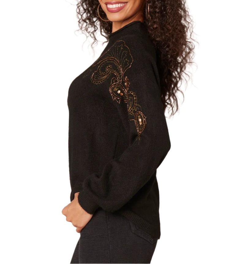 Democracy Womens Blouson Sleeve Mock Neck Rhinestone Embroidered Sweater