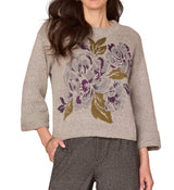 Democracy Womens Long Cuffed Sleeve Round Neck Floral Jacquard Sweater