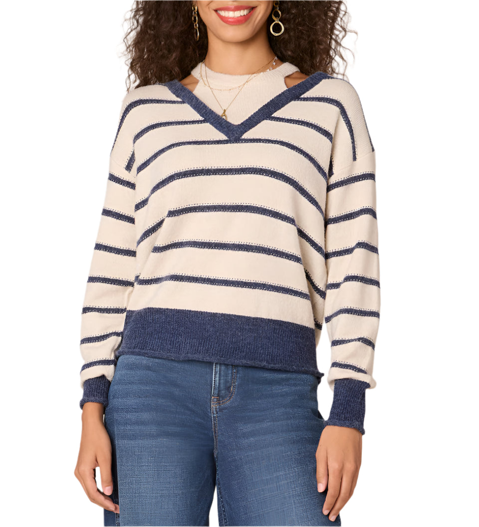 Democracy Womens Striped Twofer V-Neck Pullover Sweater