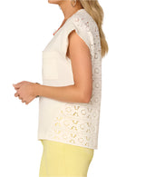 Democracy Womens Extended Cap Sleeve Round Neck Open Back Mixed Stitch Sweater Top
