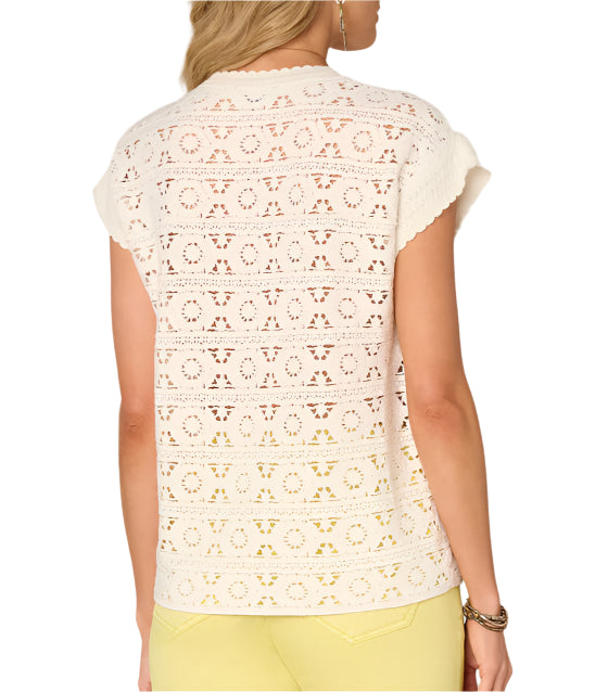 Democracy Womens Extended Cap Sleeve Round Neck Open Back Mixed Stitch Sweater Top