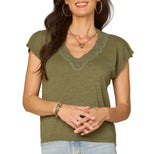 Democracy Womens Short Split Sleeve Embroidered Lace V-Neck Sweater Top