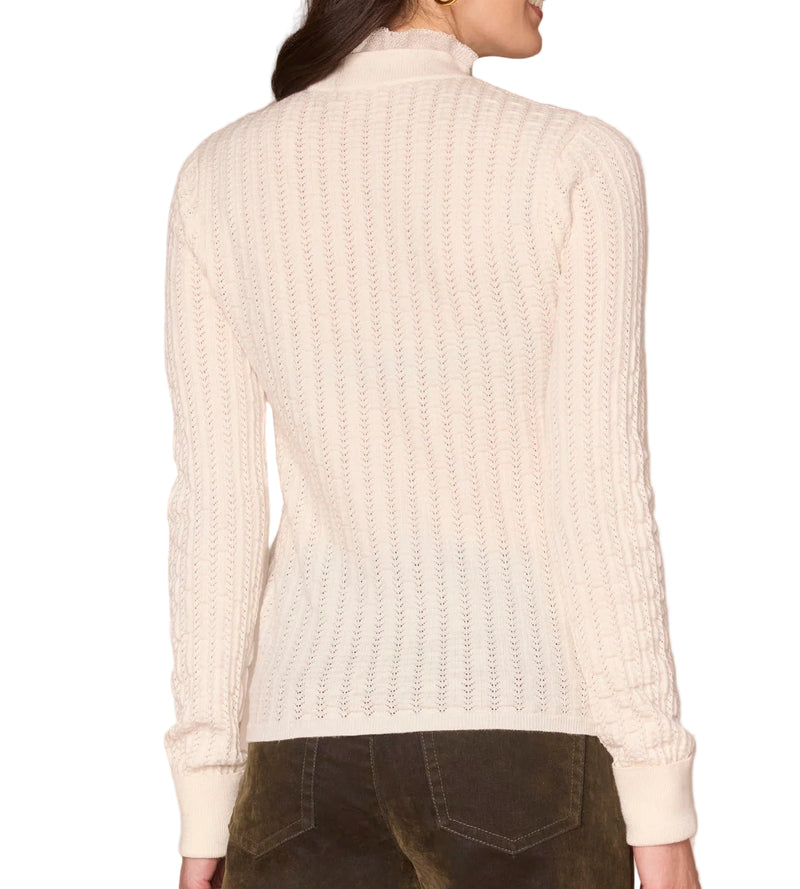 Democracy Womens Long Sleeve Mock Neck Pointelle Beaded Ruffle Edge Sweater