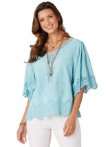 Democracy Womens Short Scallop Flutter Sleeve V-Neck Crochet Woven Top
