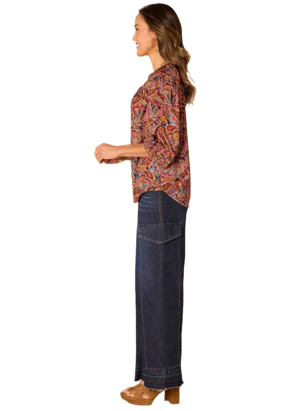 Democracy Womens Below Elbow Ruched Sleeve V-Notch Neck Abstract Print Woven Top