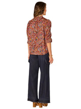 Democracy Womens Below Elbow Ruched Sleeve V-Notch Neck Abstract Print Woven Top