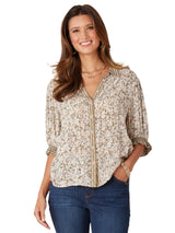 Democracy Womens Collared V-Neck Flounce Sleeve Button Down Printed Hi-Low Woven Top