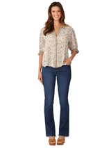 Democracy Womens Collared V-Neck Flounce Sleeve Button Down Printed Hi-Low Woven Top